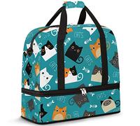 Travel Duffel Bag with Wet Pocket & Shoes Compartment Cute Cat Kitten Fish Foldable Sports Tote Gym Bag Lightweight Weekender Overnight Bag Luggage Carry On Bag for Women Men 51 x 20 x 46 cm