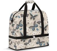 Travel Duffel Bag with Wet Pocket & Shoes Compartment Floral Flower Butterfly Retro Foldable Sports Tote Gym Bag Lightweight Weekender Overnight Bag Luggage Carry On Bag for Women Men