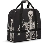 Travel Duffel Bag with Wet Pocket & Shoes Compartment Funny Human Skull Skeleton Halloween Foldable Sports Tote Gym Bag Lightweight Weekender Overnight Bag Luggage Carry On Bag for Women Men