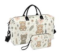 Travel Duffle Bag Gym Bag, Lovely Bear Simple Flowers Weekender Bags for Women with Toiletry Bag Travel Tote Bag Swim Bag