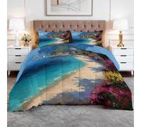 Travel Enthusiast Coverless Duvet Single Summer 7.5 Tog Printed Comforter, Amalfi Coast Beach Cooling Quilt Set Nature Photography Washable Lightweight Quilt Set for Master Bedroom Beach Vacation Home