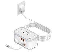 Travel Extension Lead, BEVA Power Strip with Retractable USB C Cable, 2 Way Power Socket with 3 USB Ports (1 USB C), 1.5M Extension Cable Cords for Cruise Travel Hotel Home Office Camping - White