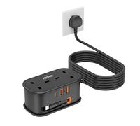 Travel Extension Lead, FDTEK 2 Way Power Strip with Retractable USB C Cable and 3 USB Slots, Small UK Extension Socket with 1.5M Cable for Travel Home Office Camping Cruise