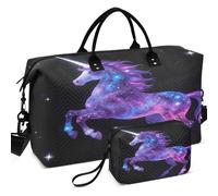 Travel Gym Duffel Bag Set All-over Printed Mesh Divider pouching Large Capacity for All Seasons, Galaxy Horned Fantasy Horse with Purple Nebula, One Size, Retro