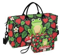 Travel Gym Duffel Bag Set All-over Printed Mesh Divider pouching Large Capacity for Travel, Frog On Mushroom Strawberry Floral Pattern Black, One Size, Retro