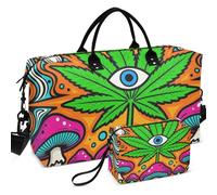Travel Gym Duffel Bag Set All-over Printed Mesh Divider pouching Large Capacity for Travel, Trippy Waves Magic Mushroom Weed Psychedelic, One Size, Retro