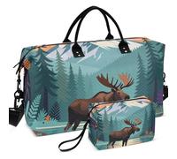 Travel Gym Duffel Bag Set All-over Printed Mesh Divider pouching Lightweight for All Seasons, Wilderness Moose Lake Print, One Size, Retro