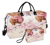 Travel Gym Duffel Bag Set All-over Printed Multi Pockets Lightweight for All Seasons, Cute Cozy Christmas Highland Cow in Winter Snow, One Size, Retro