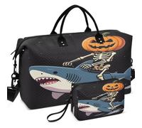Travel Gym Duffel Bag Set All-over Printed Multi Pockets Lightweight for Travel Pumpkin Skeleton Riding Sea Creature