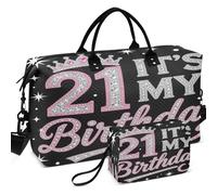 Travel Gym Duffel Bag Set All-over Printed With Small pouching Easy Storage for Toiletry Organizer, 21 It's My Birthday Blush Crown 21st Birthday, One Size, Retro
