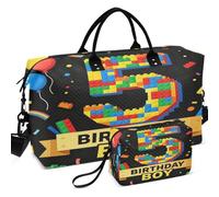 Travel Gym Duffel Bag Set All-over Printed With Small pouching Easy Storage for Toiletry Organizer, Kids 5rd Birthday Boy 5 Year Old Building Blocks, One Size, Retro
