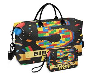Travel Gym Duffel Bag Set All-over Printed With Small pouching Easy Storage for Toiletry Organizer, Kids 5rd Birthday Boy 5 Year Old Building Blocks, One Size, Retro