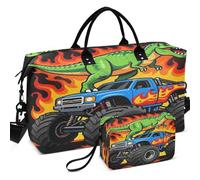 Travel Gym Duffel Bag Set All-over Printed With Small pouching Easy Storage for Toiletry Organizer, monsters Truck Dinosaur Birthday Party monsters, One Size, Retro