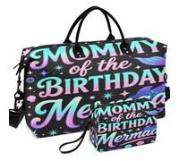Travel Gym Duffel Bag Set All-over Printed With Small pouching Easy Storage for Toiletry Organizer, Mommy of The Birthday Mermaid Girl Bday Party, One Size, Retro