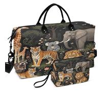 Travel Gym Duffel Bag Set All-over Printed With Small pouching Easy Storage for Toiletry Organizer, Zoo Animals Wildlife Birthday Animal safaris, One Size, Retro