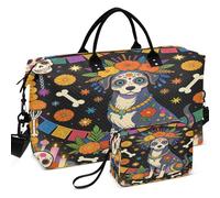 Travel Gym Duffel Bag Set All-over Printed With Small pouching Large Capacity for Sports & Gym, Mexican Dog Day of The Dead Skeleton Sugar, One Size, Retro