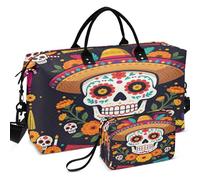 Travel Gym Duffel Bag Set Wave Ultrasonic Quilted Mesh Divider pouching Lightweight for Toiletry Organizer, Fleurs Sugar Skull Cinco De Mayo Mexicain Dia de, One Size, Retro