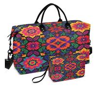 Travel Gym Duffel Bag Set Wave Ultrasonic Quilted Mesh Divider pouching Lightweight for Toiletry Organizer, Mexican Heritage Otomi Pride Flower, One Size, Retro
