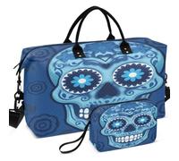 Travel Gym Duffel Bag Set Wave Ultrasonic Quilted Mesh Divider pouching Portable for All Seasons Blue Flower Rose Skull