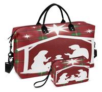 Travel Gym Duffel Bag Set Wave Ultrasonic Quilted | Multi Pockets Lightweight for All Seasons Nativity Christmas Baby Manger Scene Plaid Nativity