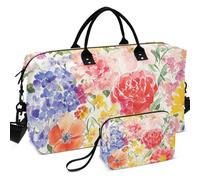 Travel Gym Duffel Bag Set Wave Ultrasonic Quilted Multi Pockets Lightweight for Daily Storage, Flowers peonies Rose colorful, One Size, Retro
