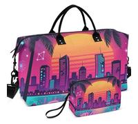 Travel Gym Duffel Bag Set Wave Ultrasonic Quilted Trolley Sleeve Lightweight for Daily Storage, Vintage Miami Beach Retro 305 Florida Sunset, One Size, Retro