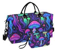 Travel Gym Duffel Bag Set Wave Ultrasonic Quilted Trolley Sleeve Lightweight for Travel, Black Psychedelic Magic Mushrooms Pattern Trippy, One Size, Retro