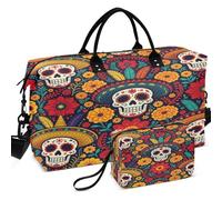 Travel Gym Duffel Bag Set Wave Ultrasonic Quilted With Small pouching Easy Storage for Daily Storage, Fleurs Sugar Skull Cinco De Mayo Mexicain Dia de, One Size, Retro