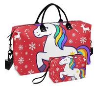 Travel Gym Duffel Bag Set Wave Ultrasonic Quilted With Small pouching Portable for All Seasons, Christmas Magic Horse Fantasy Red Snow Print, One Size, Retro