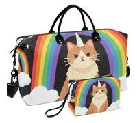 Travel Gym Duffel Bag Set Wave Ultrasonic Quilted With Small pouching Portable for All Seasons, Rainbow Maine Coon Ew People Fantasy Creature, One Size, Retro