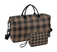 Travel Hand Bag Carry On Shoulder Weekend Tote Buffalo Plaid Coffee Brown Gym Tote Bag with Toiletry Bag for Airplane, Buffalo Plaid Tartan Check Scotland Coffee Brown, Set Of 2, Art Deco