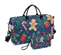 Travel Hand Bag Christmas Gingerbread Candy Cane Holly Berry Blue Carry On Shoulder Weekend Tote Sports Duffel Bags with Adjustable Strap for Yoga Large Capacity, Christmas gingerbread candy cane
