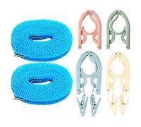 Travel Hanger Clothes and Portable Clothes Line,4PCS Portable Folding Hanger and 2PCS Windproof Non-slip Clothesline Outdoor, Camping Portable Washing Line for Outside(Pink, green, blue, beige)