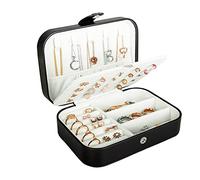 Travel Jewelry Box, PU Leather Small Jewelry Organizer for Women Girls, Double Layer Portable Mini Travel Case Display Storage Holder Boxes for Stud Earrings, Rings, Necklaces, Bracelets (Black)