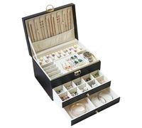 Travel Jewelry Organizer Multifunctional Three Layer Leather Jewelry Box With Lock Earrings Storage For Women For Journey-Rings, Necklaces(Black)