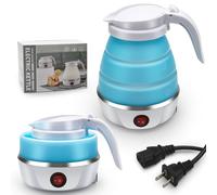 Travel Kettle Electric Small Foldable Portable Kettle, Camping Silicone Foldable Heating Water Boiler Teapot, Easy for Storage with Detachable Power Cord (Blue pro)