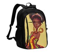 Travel Laptop Backpack Business Rucksack Work Bag with USB Charging Port | Traditional African Girl Painting Printed Computer Rucksack 15.6 Inch School Bags For Men Women Business Work