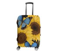 Travel Luggage Cover Elastic Suitcase Protector Anti-Scratch Washable Yellow Sunflowers With Blue Butterflies Luggage Sleeve Tsa Approved Carry on Covers Baggage Cover Fits 18-32 Inch Luggages, white