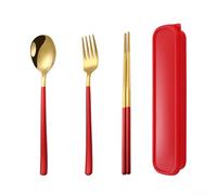 Travel Lunch Silverware Box for 1 Person,Portable Stainless Steel Cutlery Set with Case,3 Piece Spoon Fork & Chopsticks for Outdoor Camping Hiking, Lightweight Reusable Tableware with Case(Red gold)