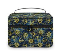 Travel Make Up Bag for Men Womens Golden Vintage Nautical Print Cosmetic Bags with Compartments Handle Wedding Party Large Capacity Waterproof Skincare Toiletry Makeup Box Organizer