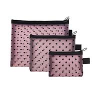 Travel Makeup Bag - 3 Piece Heart Print Mesh Zippered Storage Pouch | Travel Toiletry Storage Bag | for College Work Gym School Girls Women Office Home