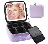 Travel Makeup Bag Cosmetic Bag Make up Organizer Bag with Large Lighted Mirror 3 Color Modes Adjustable Brightness, Waterproof PU Leather Makeup Travel Case Makeup Train Case Toiletry Gift Accessories