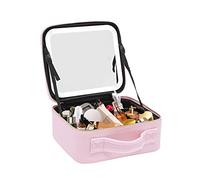Travel Makeup Bag, Cosmetic Bag Make up Organizer Bag with Large Lighted Mirror, 3 Color Modes Adjustable Brightness, Waterproof PU Leather Case Makeup Train Case Toiletry Gift Accessories, Pink