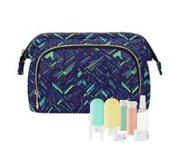 Travel Makeup Bag Cosmetic Bag Wide-Open Pouch Toiletry Bag Make Up Organizer Case with Bottles kit for Women Green Blue Lines