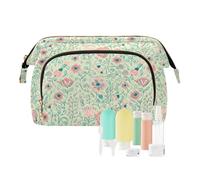 Travel Makeup Bag Cosmetic Bag Wide-Open Pouch Toiletry Bag Make Up Organizer Case with Bottles kit for Women Pink Flowers Green Leaves Lines