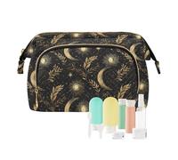 Travel Makeup Bag Cosmetic Bag Wide-Open Pouch Toiletry Bag Make Up Organizer Case with Bottles kit for Women Golden Moon Sun Leaves