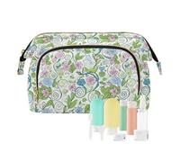 Travel Makeup Bag Cosmetic Bag Wide-Open Pouch Toiletry Bag Make Up Organizer Case with Bottles kit for Women Pink Flowers Blue Flowers Green Leaves Lines