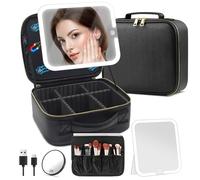 Travel Makeup Bag Cosmetic Organizer Bag with Large Magnetic Removable Lighted Mirror, Makeup Case with Mirror and Lights 3-Color Modes Adjustable Brightness 360° Angle, Makeup Travel Train Case Gift,