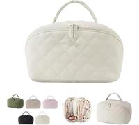 Travel Makeup Bag for Woman, 180° Lay-Flat Design,Large Capacity Makeup Organizer Pouch Open Flat Toiletry,Triple-Proof Interior, for Toiletries, Brushes(Off-White)