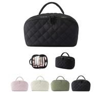 Travel Makeup Bag for Woman, Puffer Waterproof Cosmetic Organizer with Brush Compartment & Handle, Large Capacity Pouch Open Flat Small Toiletry Bag